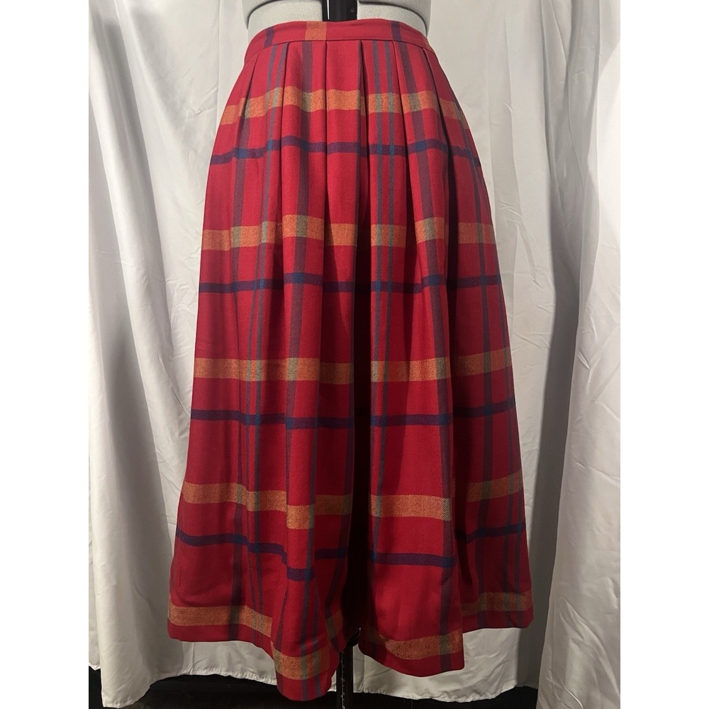 VTG Epitome 100% Wool A Line Midi Skirt Red Plaid Academia Preppy 90s Size 12 S
